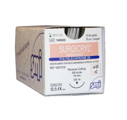 Surgicryl Monofast, USP 4/0, 75 cm, ongekleurd, reverse cutting, 3/8 circle 19 mm, DS-19, 12 stuks (16151519)